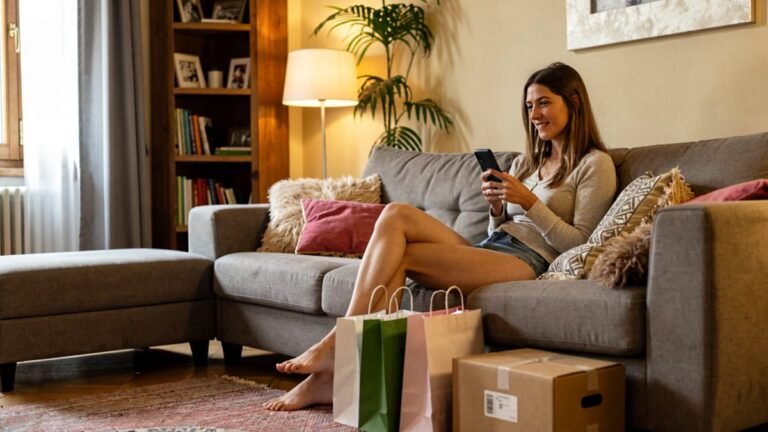 Giovane donna sul divano con smartphone e pacchi degli acquisti