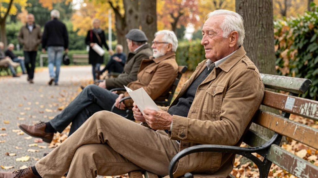 Pensionato seduto su una panchina nel parco con una busta