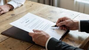 Mani restituiscono un contratto firmato su un tavolo di legno