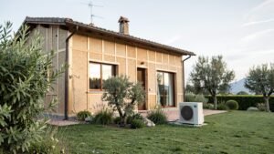Casa ad alta efficienza energetica con giardino e pompa di calore