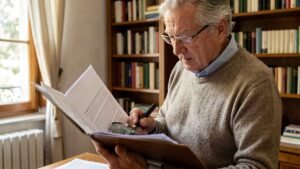 Uomo anziano esamina documenti cartacei con gli occhiali da lettura