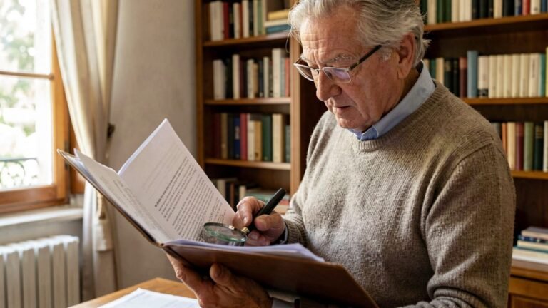 Uomo anziano esamina documenti cartacei con gli occhiali da lettura