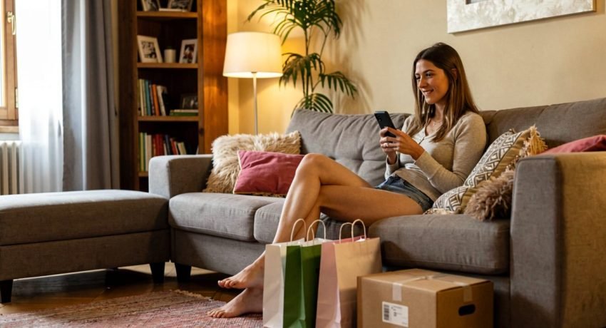 Giovane donna sul divano con smartphone e pacchi degli acquisti