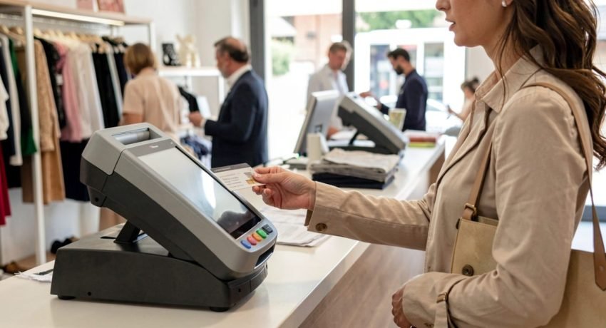 Cliente paga alla cassa di un negozio con una carta
