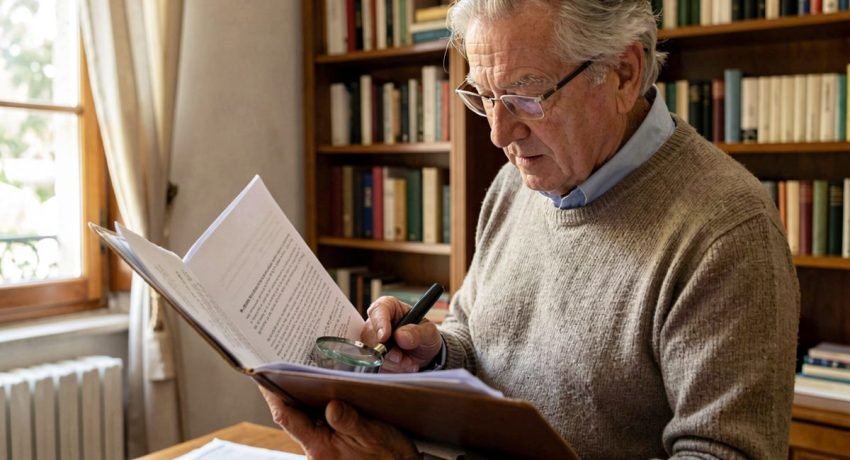 Uomo anziano esamina documenti cartacei con gli occhiali da lettura