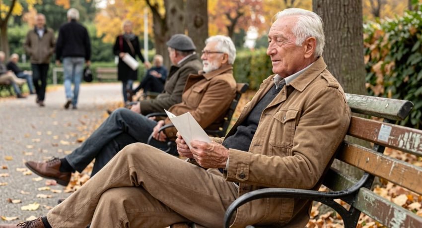 Pensionato seduto su una panchina nel parco con una busta