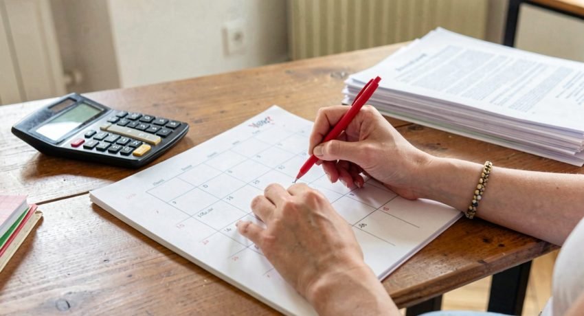 Donna segna un calendario cartaceo accanto a calcolatrice e fogli